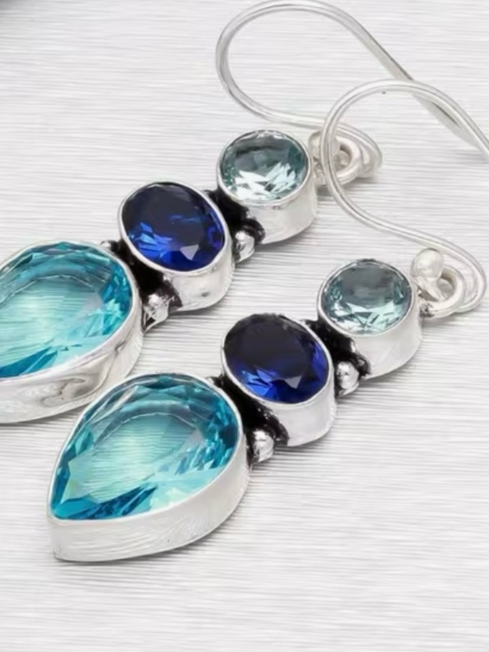 Silver Drop Earrings Blue and Teal Stones Boho style for day or evening NWOT - Picture 4 of 5